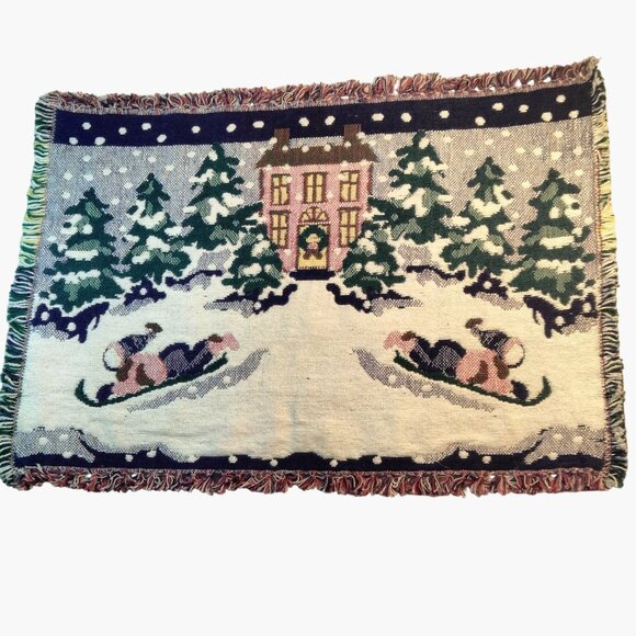 Sledding Snow Scene Tapestry Placemat Vintage Christmas Woven 18 x 14 lot 4 - Picture 9 of 10